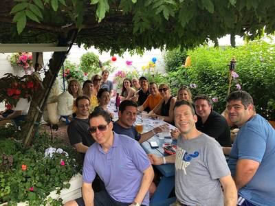 The group of single professionals from NYC enjoys lunch in Montauk while staying at our summer share